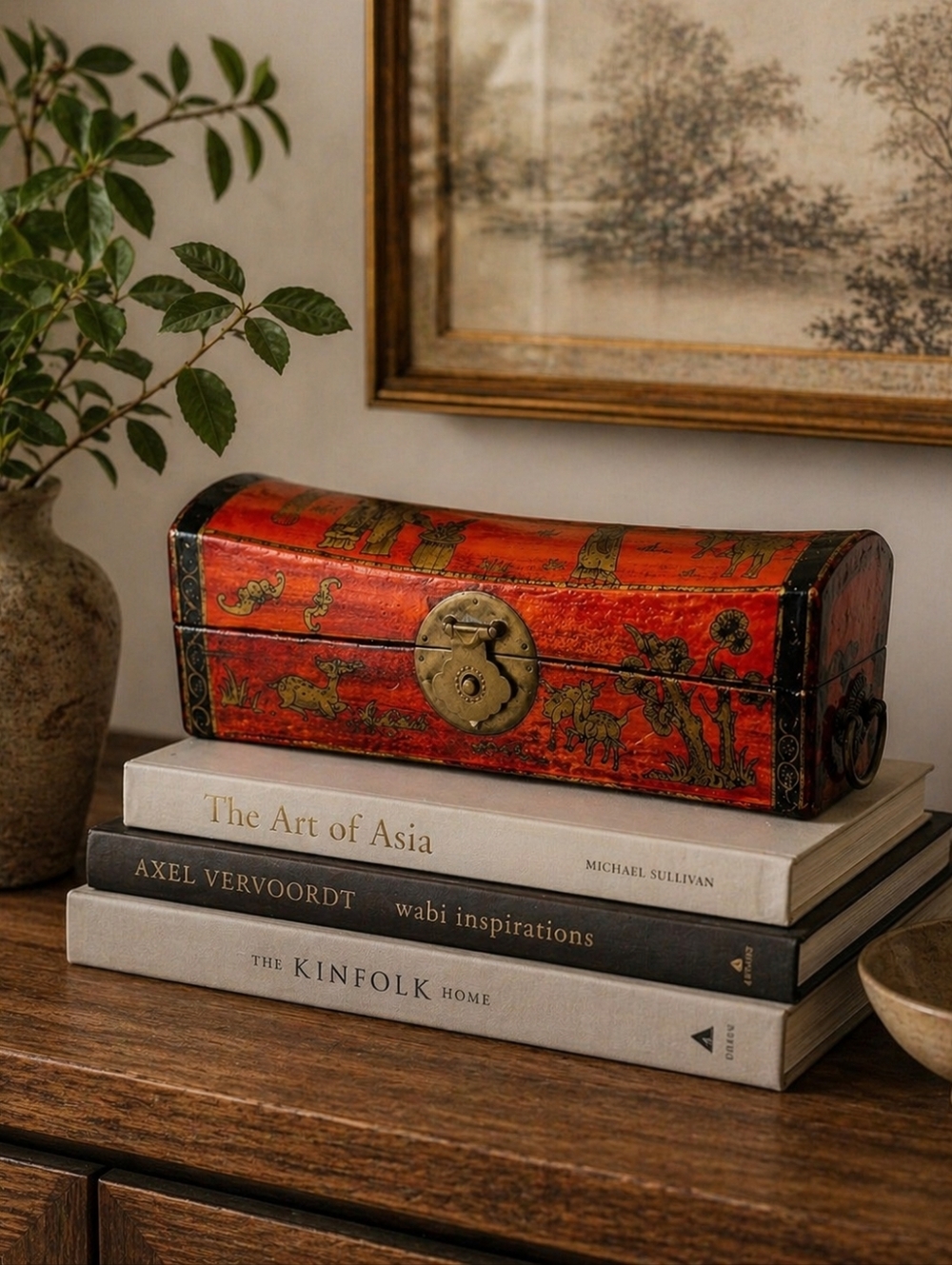 Vintage Asian Lacquer Pillow Box Red Black Hinged Storage Chest